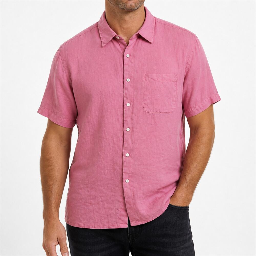 Alan Flusser Shirt Mens 2XL Pink Linen Short Sleeve Classic Button-Up